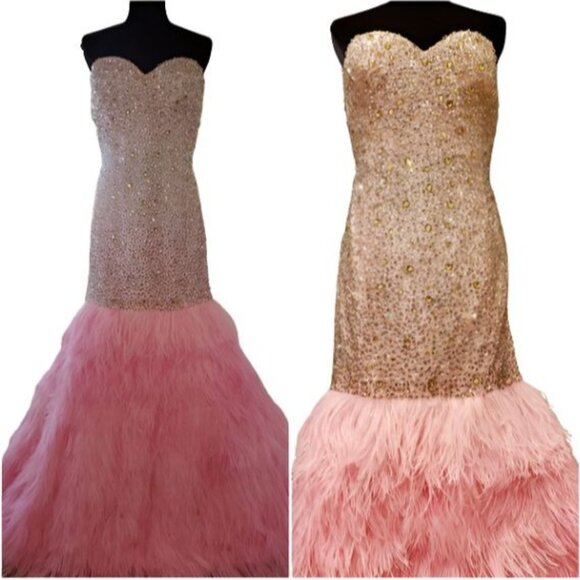 Couture Luxurious Ostrich Feathers Designer Embroidery Evening Prom Gown Dress - Picture 7 of 16